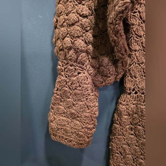 Chocolate Brown Crochet Balloon Sleeve Scallop Fan Design Drop Waist Maxi Dress - Picture 4 of 13